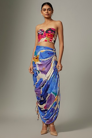 Blue Cotton Silk Ikat Printed Hand Micro Pleated Maxi Skirt by Saaksha & Kinni