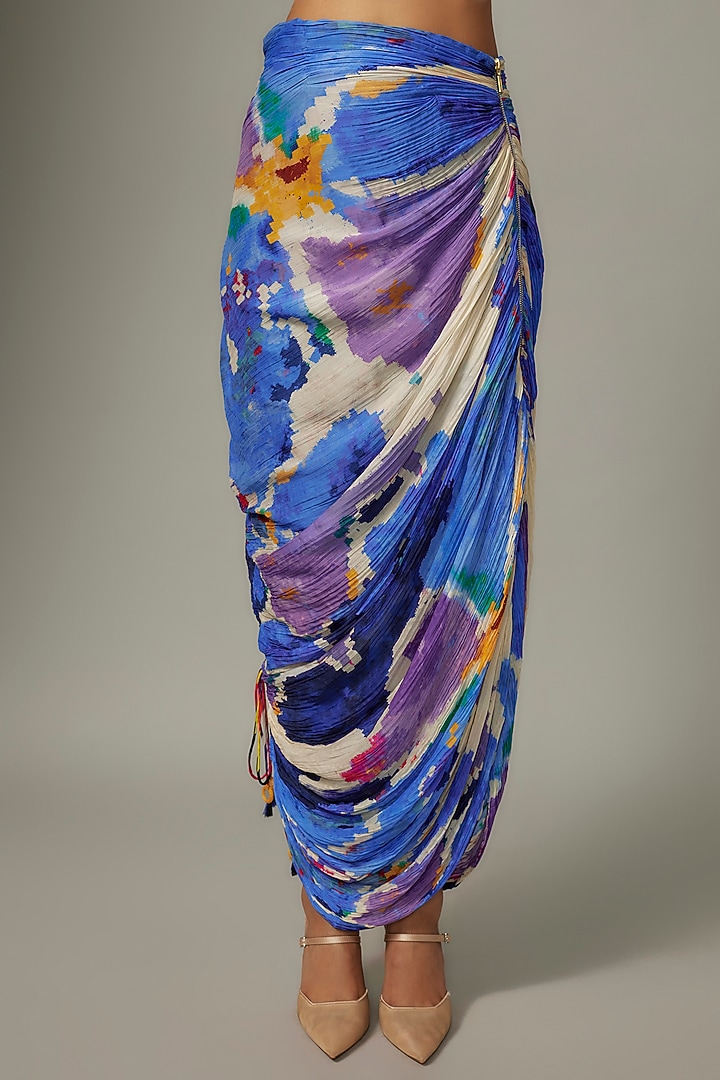 Blue Cotton Silk Ikat Printed Hand Micro Pleated Maxi Skirt by Saaksha & Kinni at Pernia's Pop Up Shop
