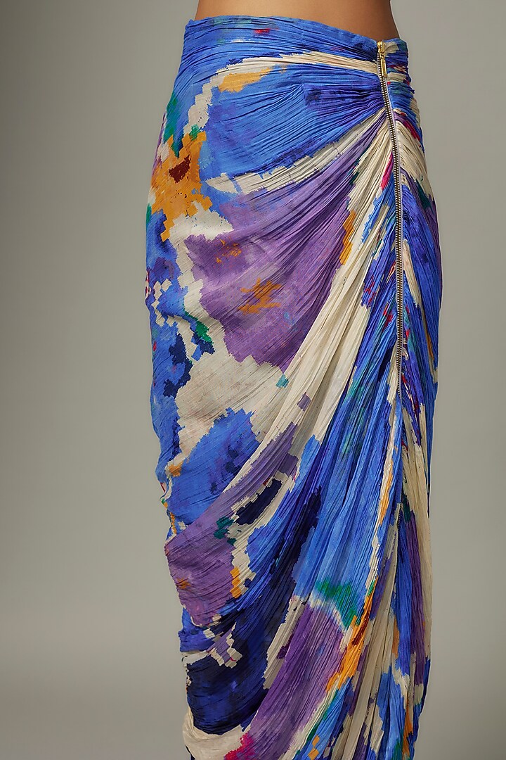 Blue Cotton Silk Ikat Printed Hand Micro Pleated Maxi Skirt by Saaksha & Kinni at Pernia's Pop Up Shop