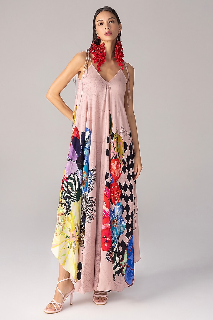 Multi-Colored Crepe Abstract Floral Printed Asymmetric Maxi Vacation Dress by Saaksha & Kinni at Pernia's Pop Up Shop