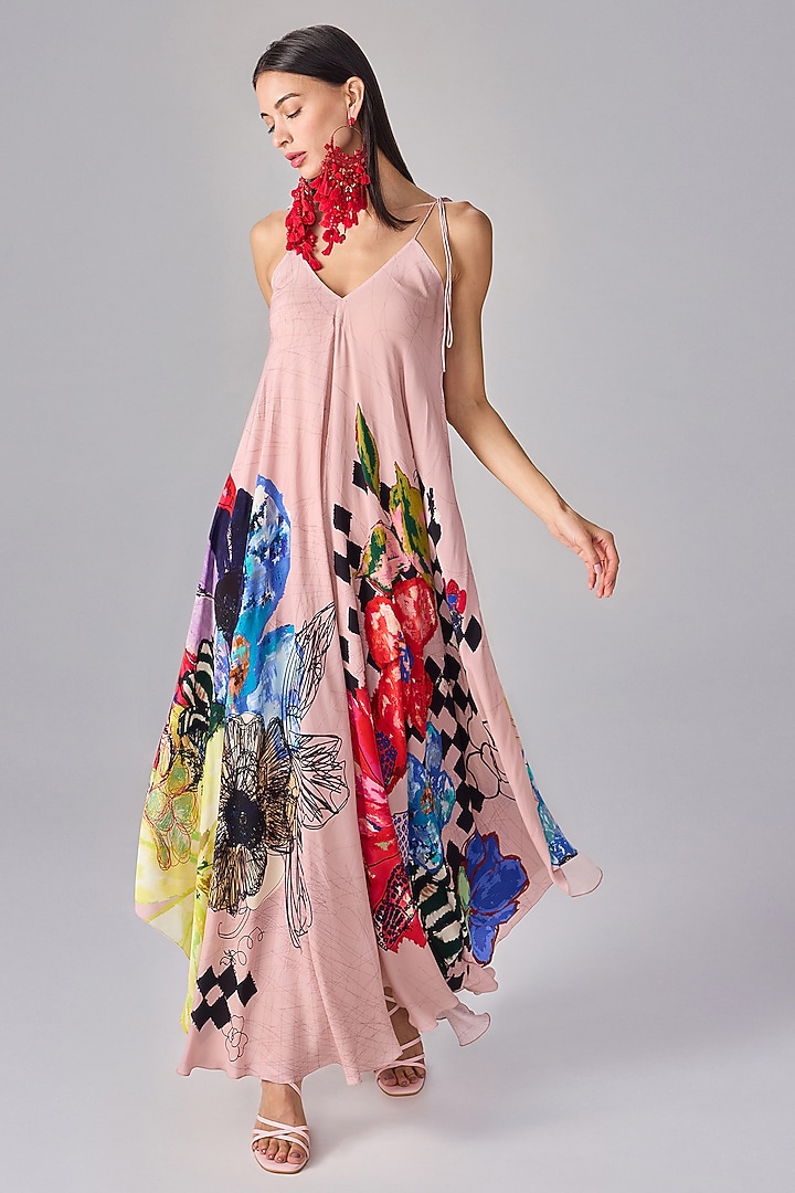Multi-Colored Crepe Abstract Floral Printed Asymmetric Maxi Vacation Dress by Saaksha & Kinni at Pernia's Pop Up Shop
