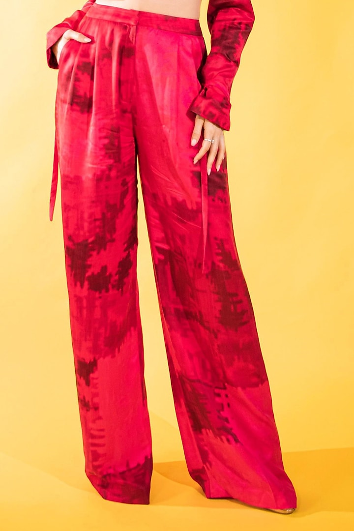 Red Satin Printed Cropped Bomber Jacket Set by Saaksha & Kinni at Pernia's Pop Up Shop