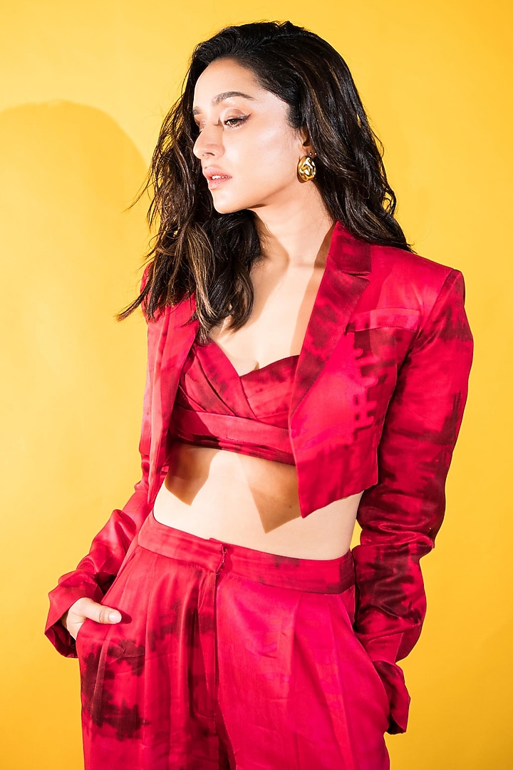 Red Satin Printed Cropped Bomber Jacket Set by Saaksha & Kinni at Pernia's Pop Up Shop