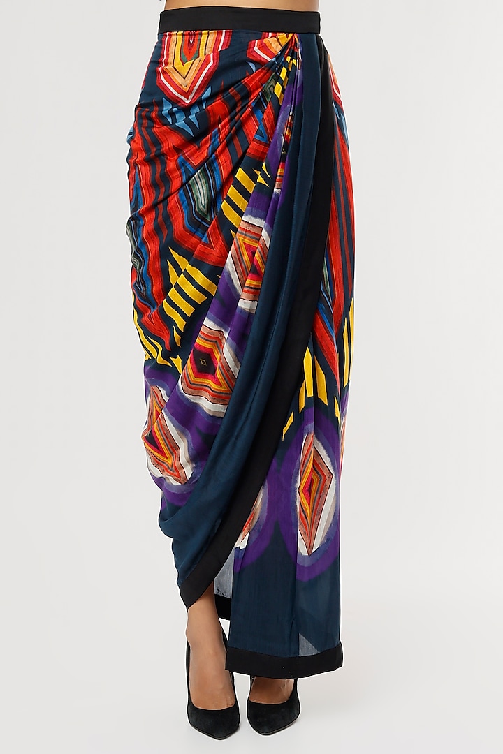 Multi-Colored Satin Printed Asymmetric Wrap Skirt by Saaksha & Kinni