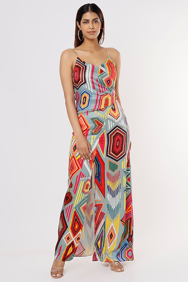 Multi- Colored Satin Printed Maxi Dress Design by Saaksha & Kinni at ...
