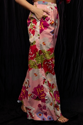 Pink Satin Floral Printed High Waist Palazzo Pants by Saaksha & Kinni