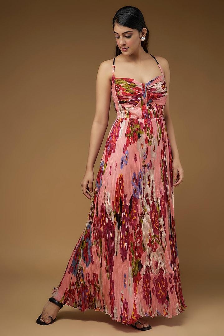 Peach Chiffon Floral Printed Maxi Dress by Saaksha & Kinni