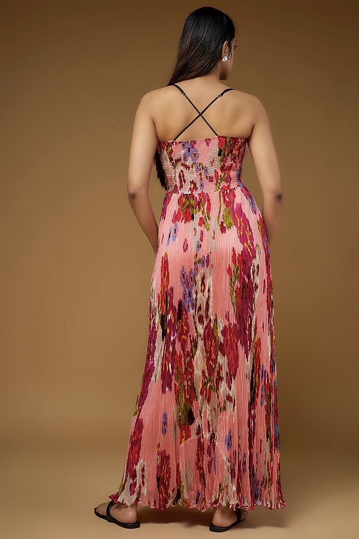 Peach Chiffon Floral Printed Maxi Vacation Dress by Saaksha & Kinni at Pernia's Pop Up Shop