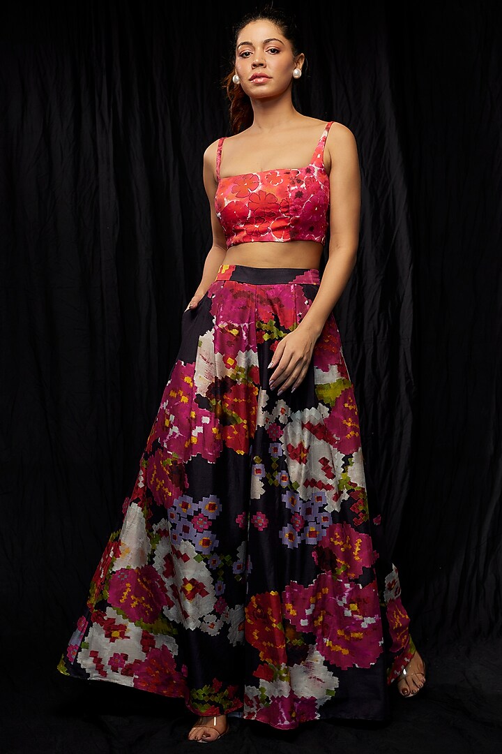 Black Chanderi Floral Printed High Waist Palazzo Pants by Saaksha & Kinni at Pernia's Pop Up Shop