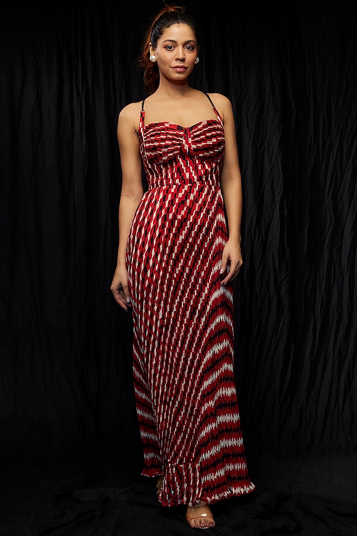 Multi-Colored Chiffon Printed Pleated Maxi Dress by Saaksha & Kinni