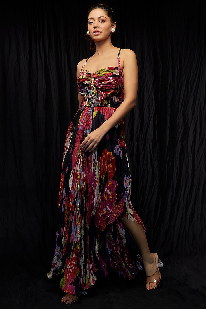 Multi-Colored Chiffon Printed & Embroidered Asymmetric Dress by Saaksha & Kinni