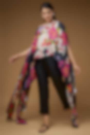 Black Pure Silk Floral Printed Cape by Saaksha & Kinni at Pernia's Pop Up Shop