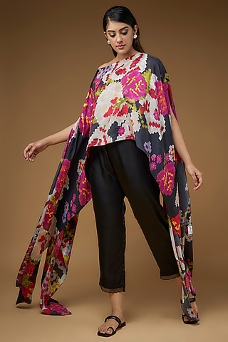 Black Pure Silk Floral Printed Cape by Saaksha & Kinni
