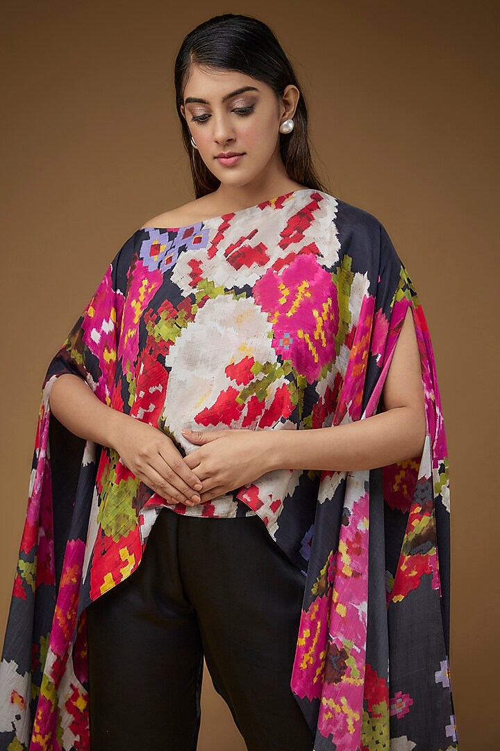 Black Pure Silk Floral Printed Cape by Saaksha & Kinni at Pernia's Pop Up Shop