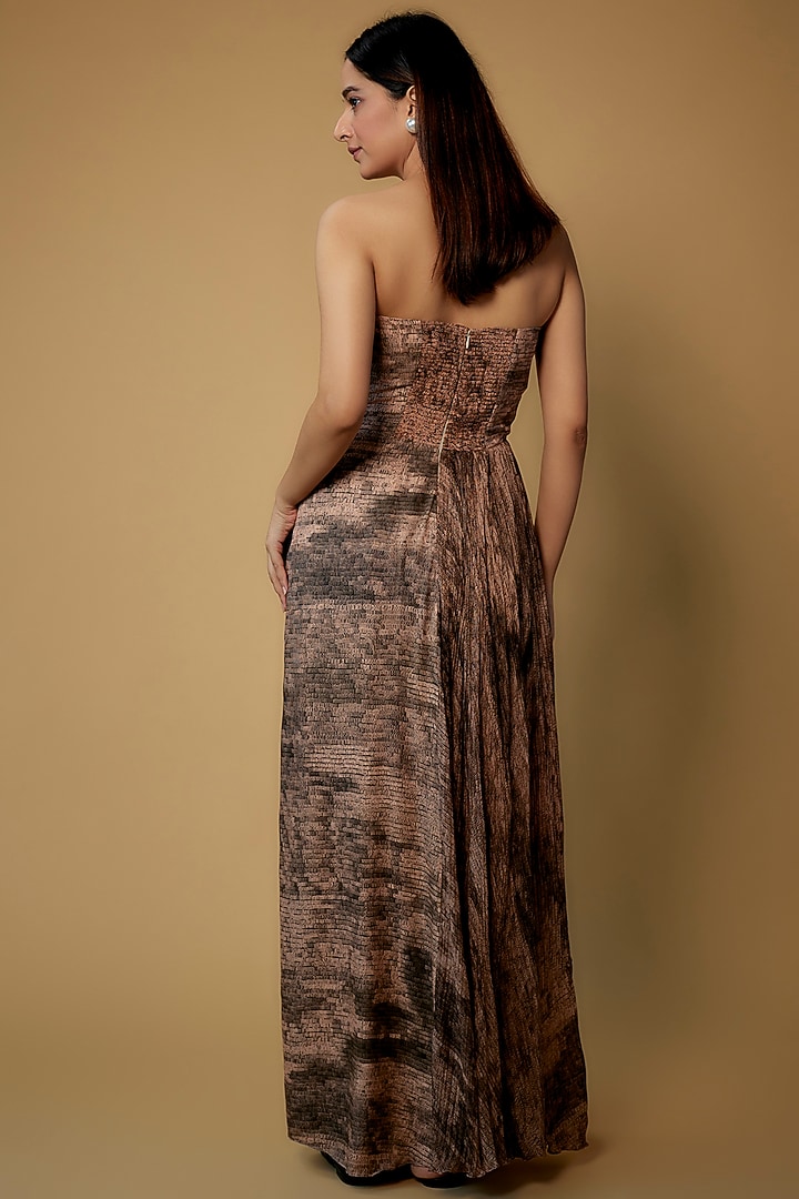 Peach Satin & Chiffon Printed Party Wear Gown by Saaksha & Kinni at Pernia's Pop Up Shop
