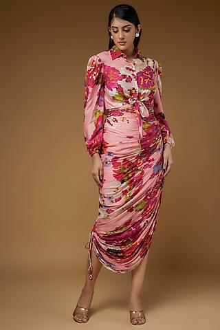Peach Cotton Silk Floral Printed Skirt Set by Saaksha & Kinni
