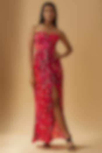 Red Chiffon & Satin Printed Dress by Saaksha & Kinni