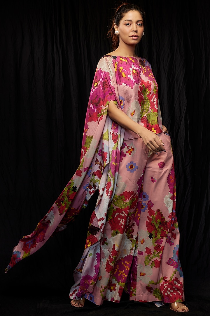 Pink Pure Silk Satin Floral Printed Cape by Saaksha & Kinni