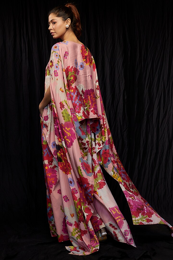 Pink Pure Silk Satin Floral Printed Cape by Saaksha & Kinni at Pernia's Pop Up Shop
