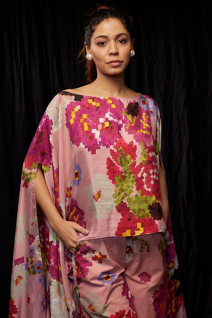 Pink Pure Silk Satin Floral Printed Cape by Saaksha & Kinni at Pernia's Pop Up Shop