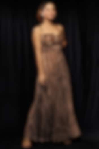 Rust Brown Chiffon Printed Pleated Maxi Dress by Saaksha & Kinni