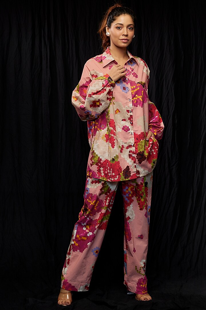 Pink Satin Floral Printed High-Waist Trousers by Saaksha & Kinni at Pernia's Pop Up Shop