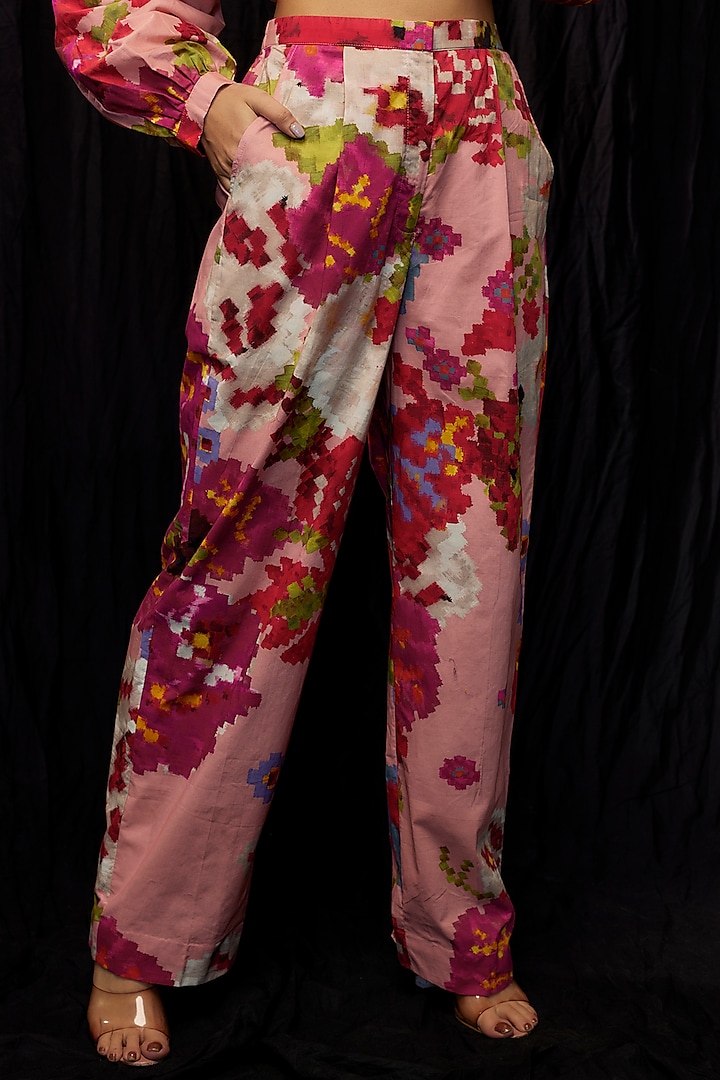 Pink Satin Floral Printed High-Waist Trousers by Saaksha & Kinni