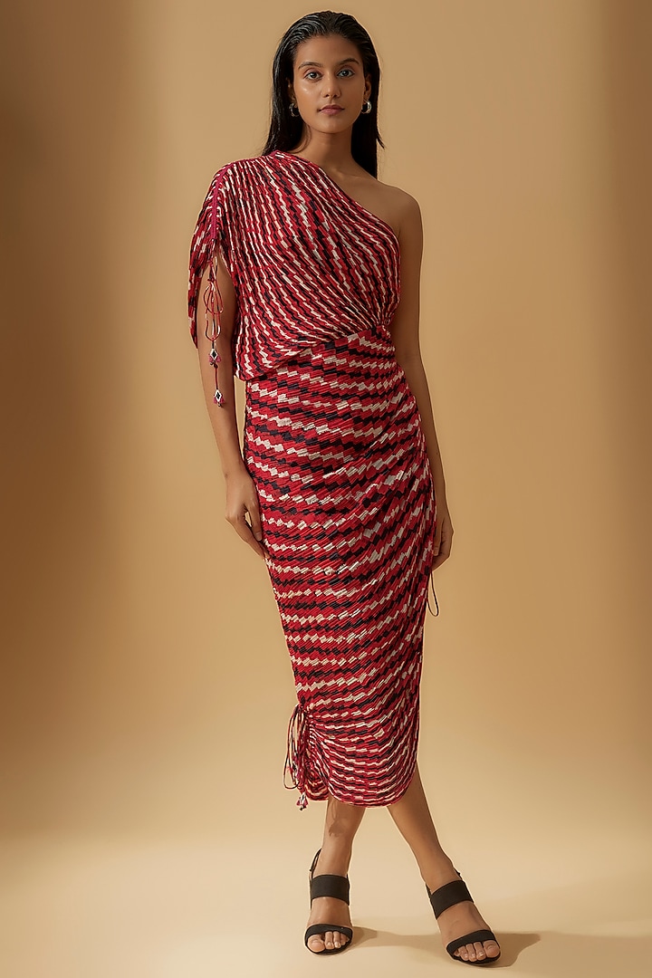 Red Chiffon Printed Draped Dress by Saaksha & Kinni