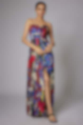 Multi-Colored Chiffon & Satin Abstract Printed Maxi Dress by Saaksha & Kinni at Pernia's Pop Up Shop