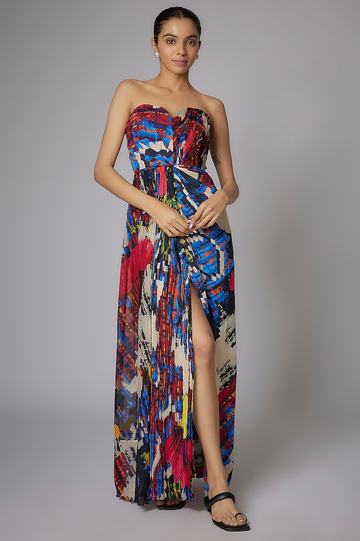 Multi-Colored Chiffon & Satin Abstract Printed Maxi Dress by Saaksha & Kinni at Pernia's Pop Up Shop