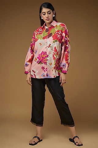 Peach Satin Floral Printed Oversized Shirt by Saaksha & Kinni
