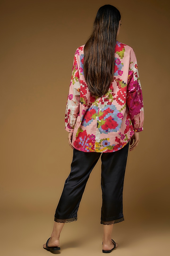 Peach Satin Floral Printed Oversized Shirt by Saaksha & Kinni at Pernia's Pop Up Shop