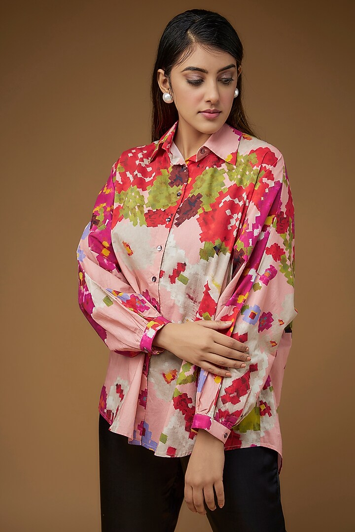 Peach Satin Floral Printed Oversized Shirt by Saaksha & Kinni at Pernia's Pop Up Shop