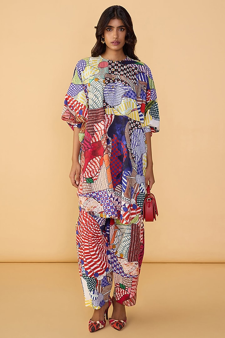 Multi-Colored Cambric Abstract Bird Printed Tunic Set by Saaksha & Kinni at Pernia's Pop Up Shop