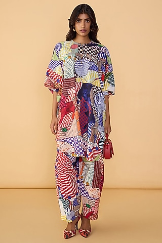 Multi-Colored Cambric Abstract Bird Printed Tunic Set by Saaksha & Kinni