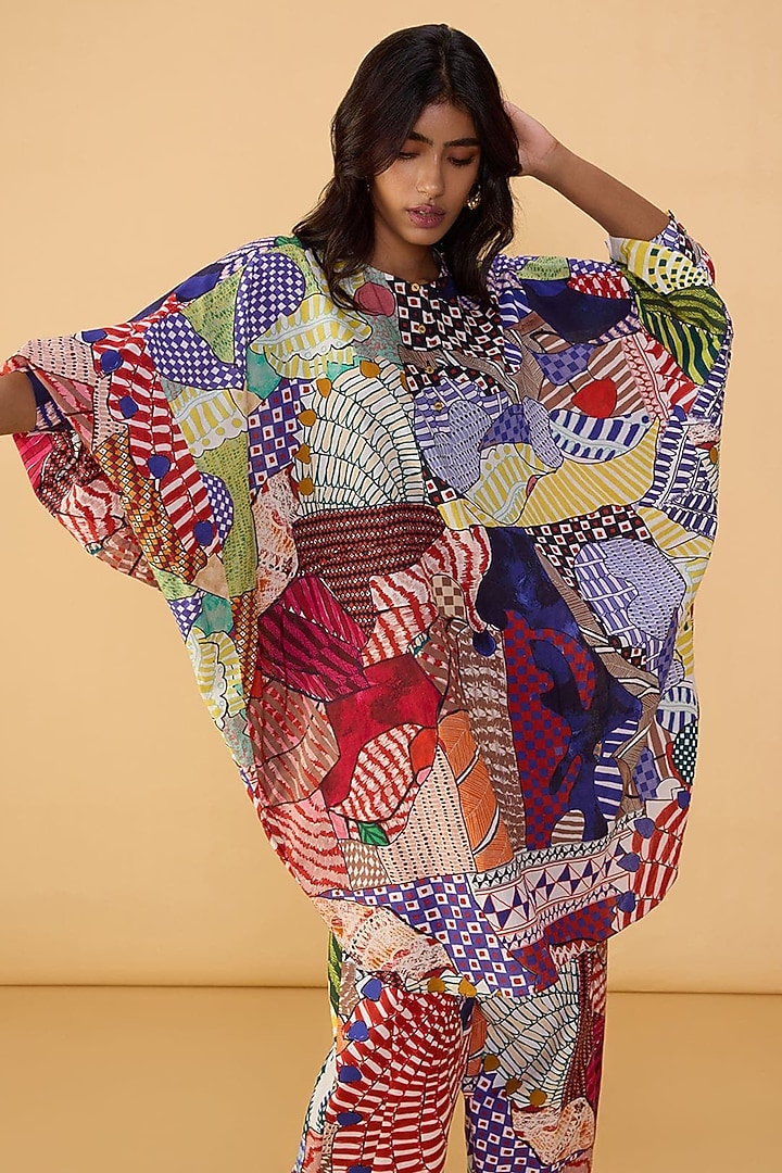 Multi-Colored Cambric Abstract Bird Printed Tunic Set by Saaksha & Kinni at Pernia's Pop Up Shop