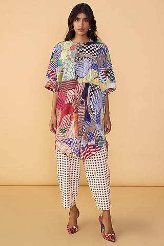 Multi-Colored Cambric Abstract Bird Printed Tunic Set by Saaksha & Kinni