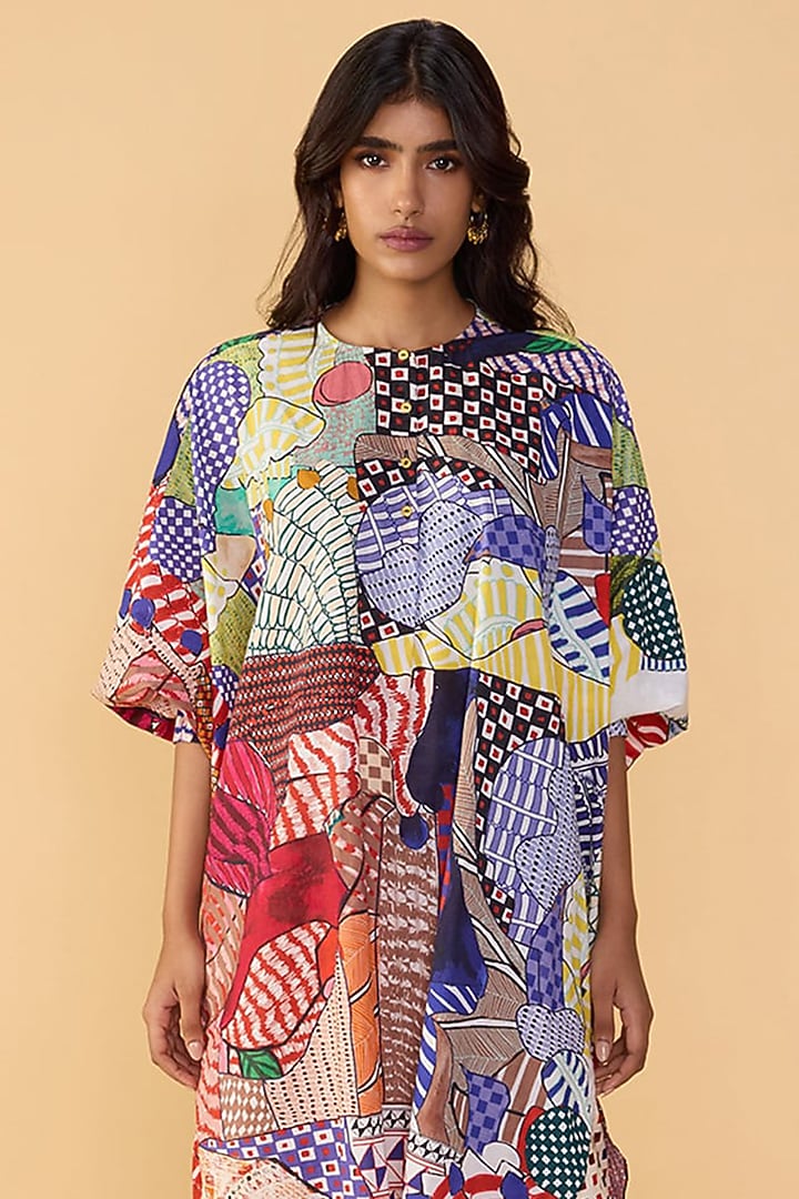 Multi-Colored Cambric Abstract Bird Printed Tunic Set by Saaksha & Kinni at Pernia's Pop Up Shop