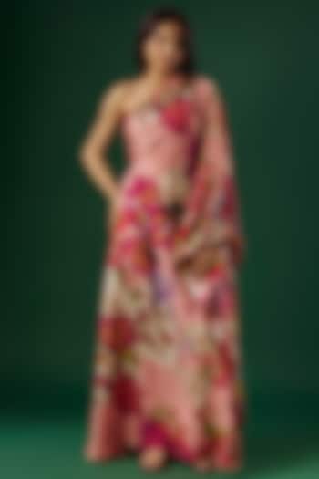 Pink Pure Silk Printed & Mirror Embroidered Maxi Dress by Saaksha & Kinni