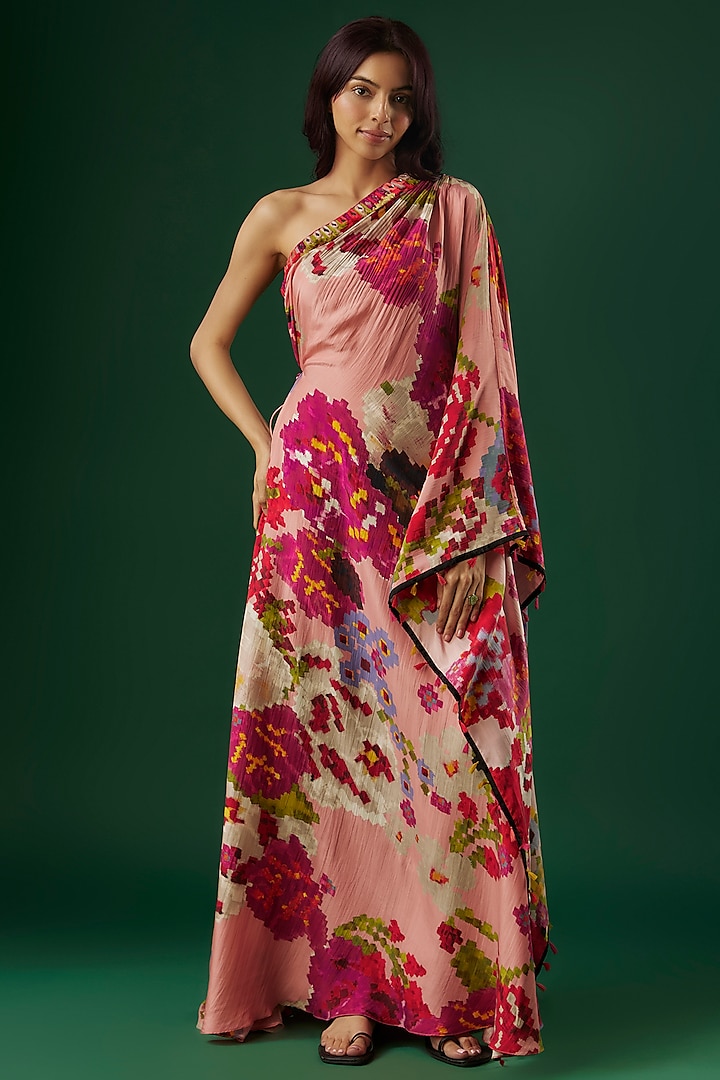 Pink Pure Silk Printed & Mirror Embroidered Maxi Dress by Saaksha & Kinni