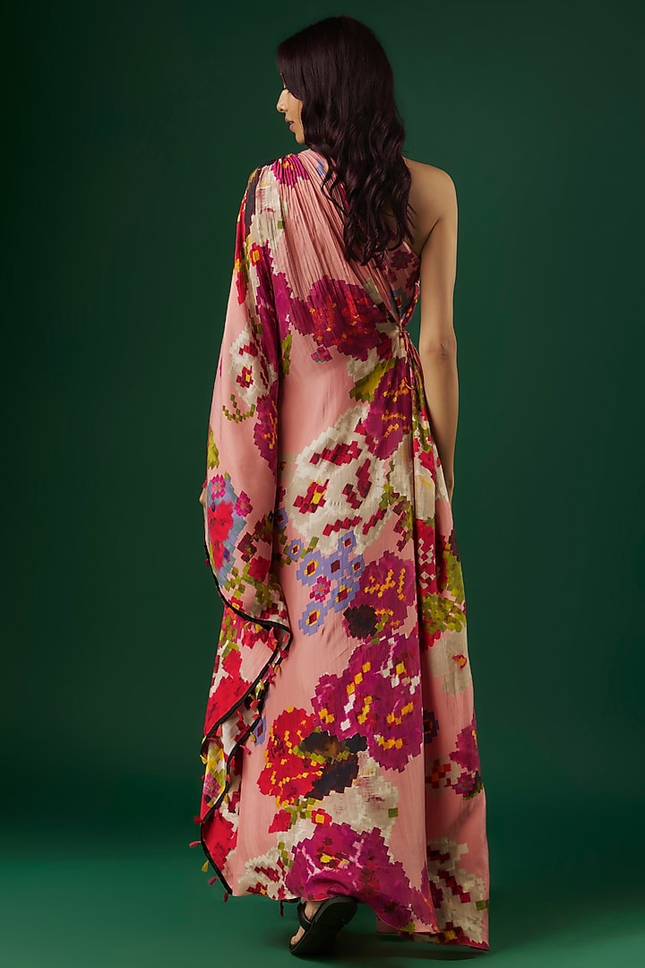 Pink Satin Printed & Mirror Embroidered Maxi Vacation Dress by Saaksha & Kinni at Pernia's Pop Up Shop