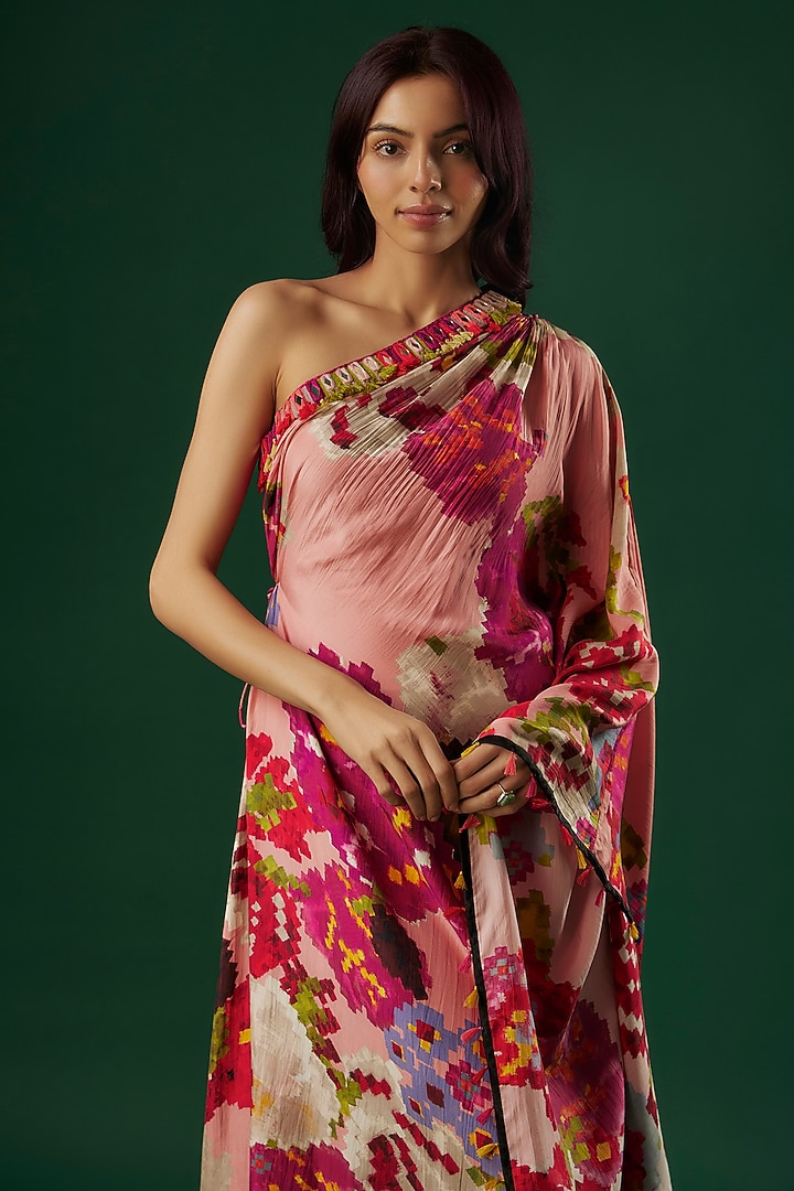Pink Satin Printed & Mirror Embroidered Maxi Vacation Dress by Saaksha & Kinni at Pernia's Pop Up Shop