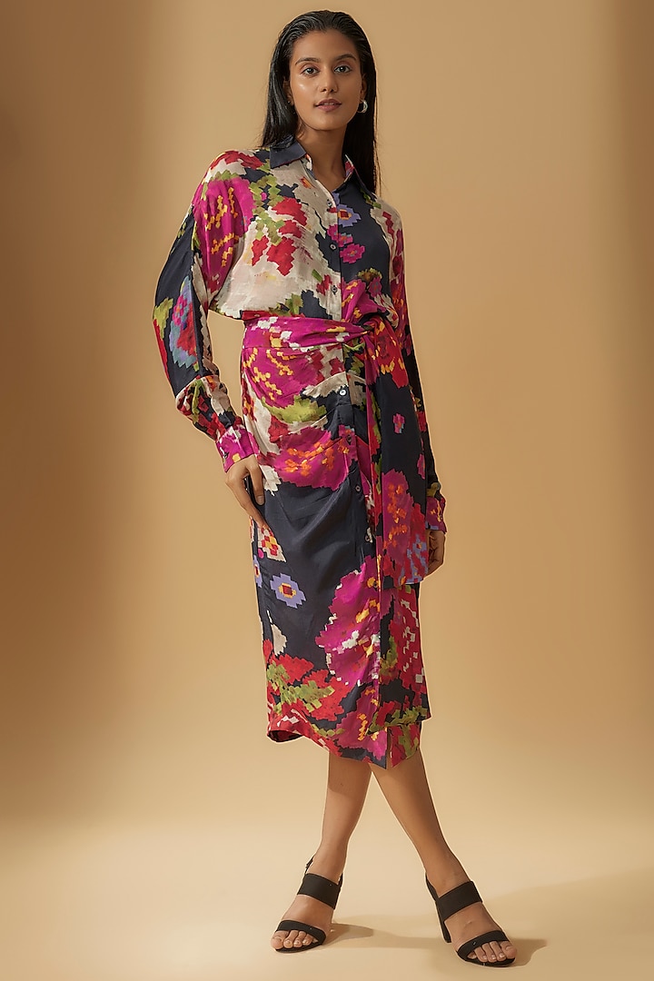 Multi-Colored Satin Printed Shirt Dress by Saaksha & Kinni