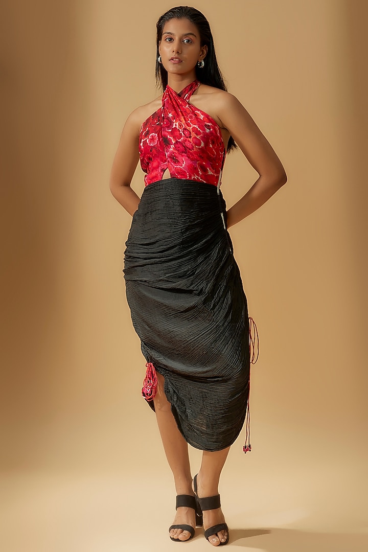 Red & Black Chiffon Printed Halter Dress by Saaksha & Kinni