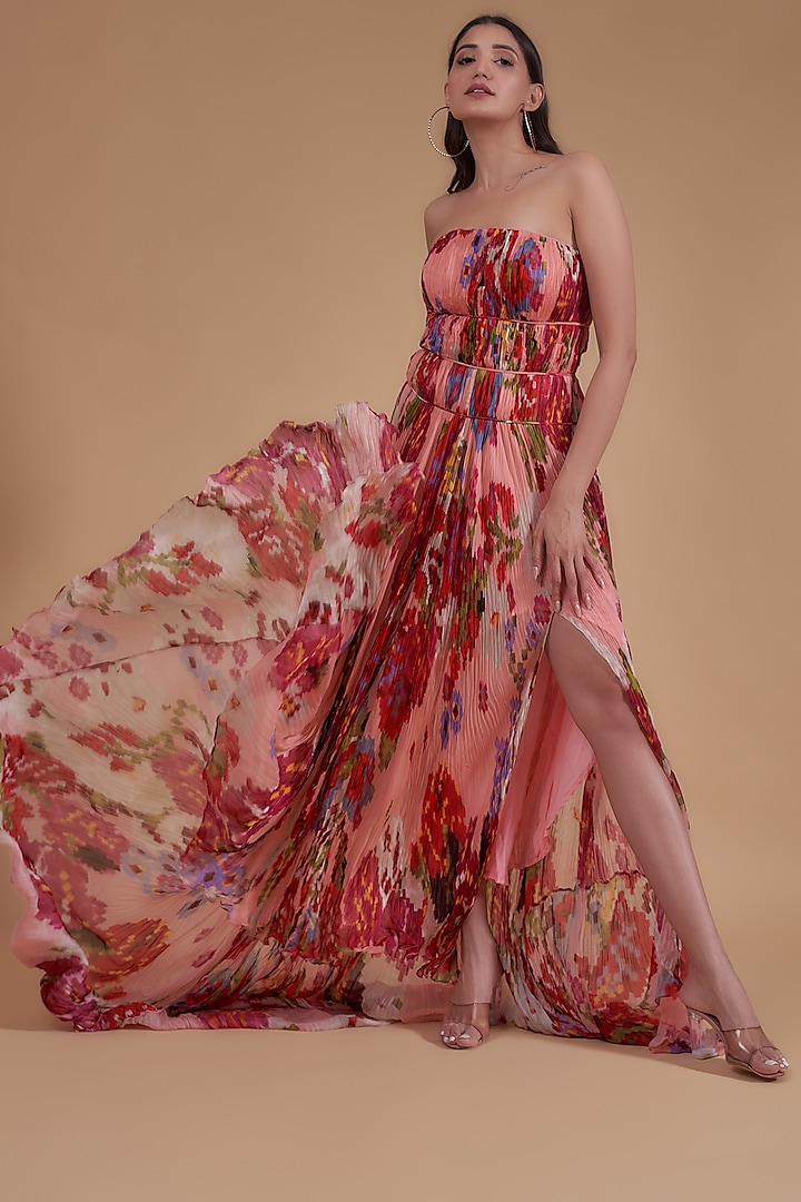 Peach Chiffon Printed Dress by Saaksha & Kinni
