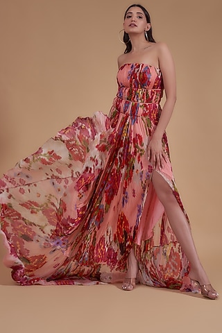 Peach Chiffon Printed Dress by Saaksha & Kinni