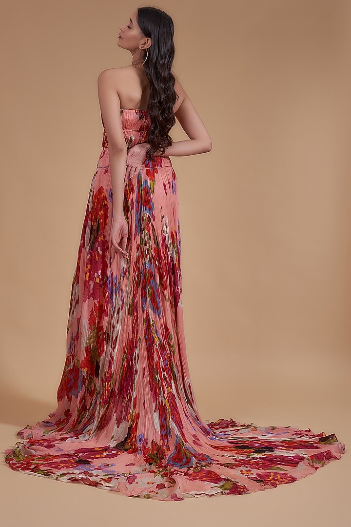 Peach Chiffon Printed Cocktail Dress by Saaksha & Kinni at Pernia's Pop Up Shop
