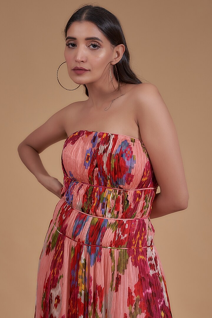Peach Chiffon Printed Cocktail Dress by Saaksha & Kinni at Pernia's Pop Up Shop