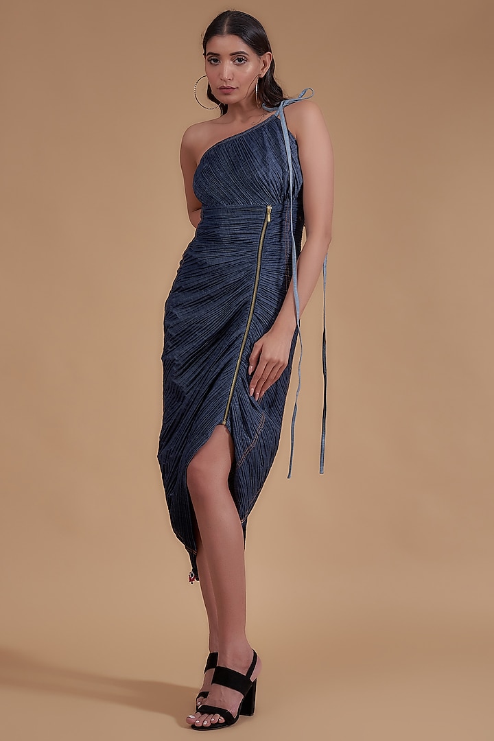 Blue Denim One-Shoulder Dress by Saaksha & Kinni