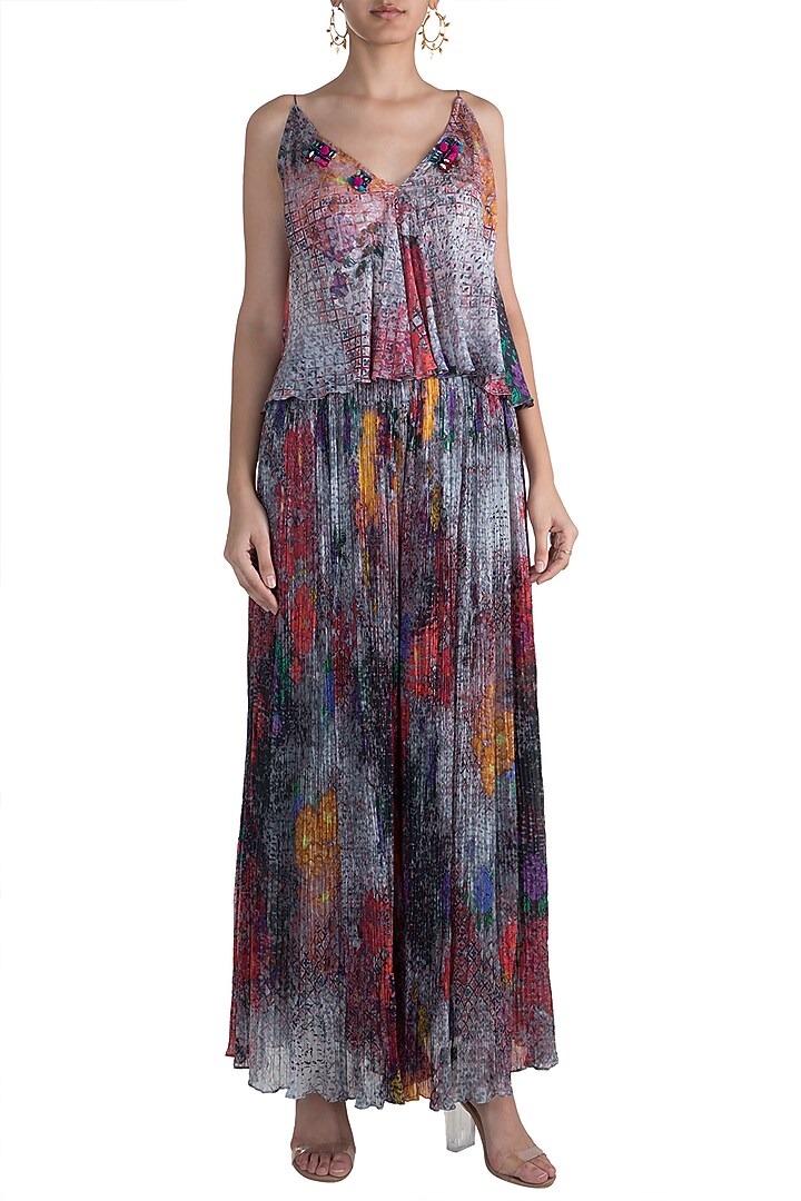 Grey Printed & Embroidered Spaghetti Strap Blouse by Saaksha & Kinni at Pernia's Pop Up Shop